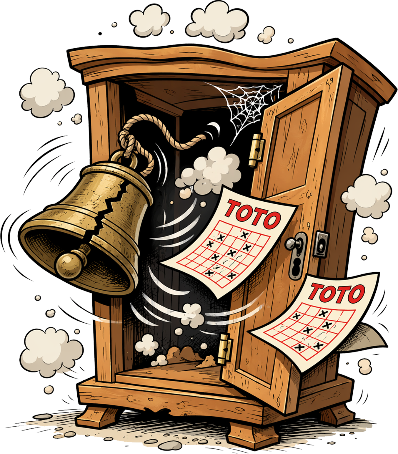 Schrank mit Glocke und TOTO-Scheinen